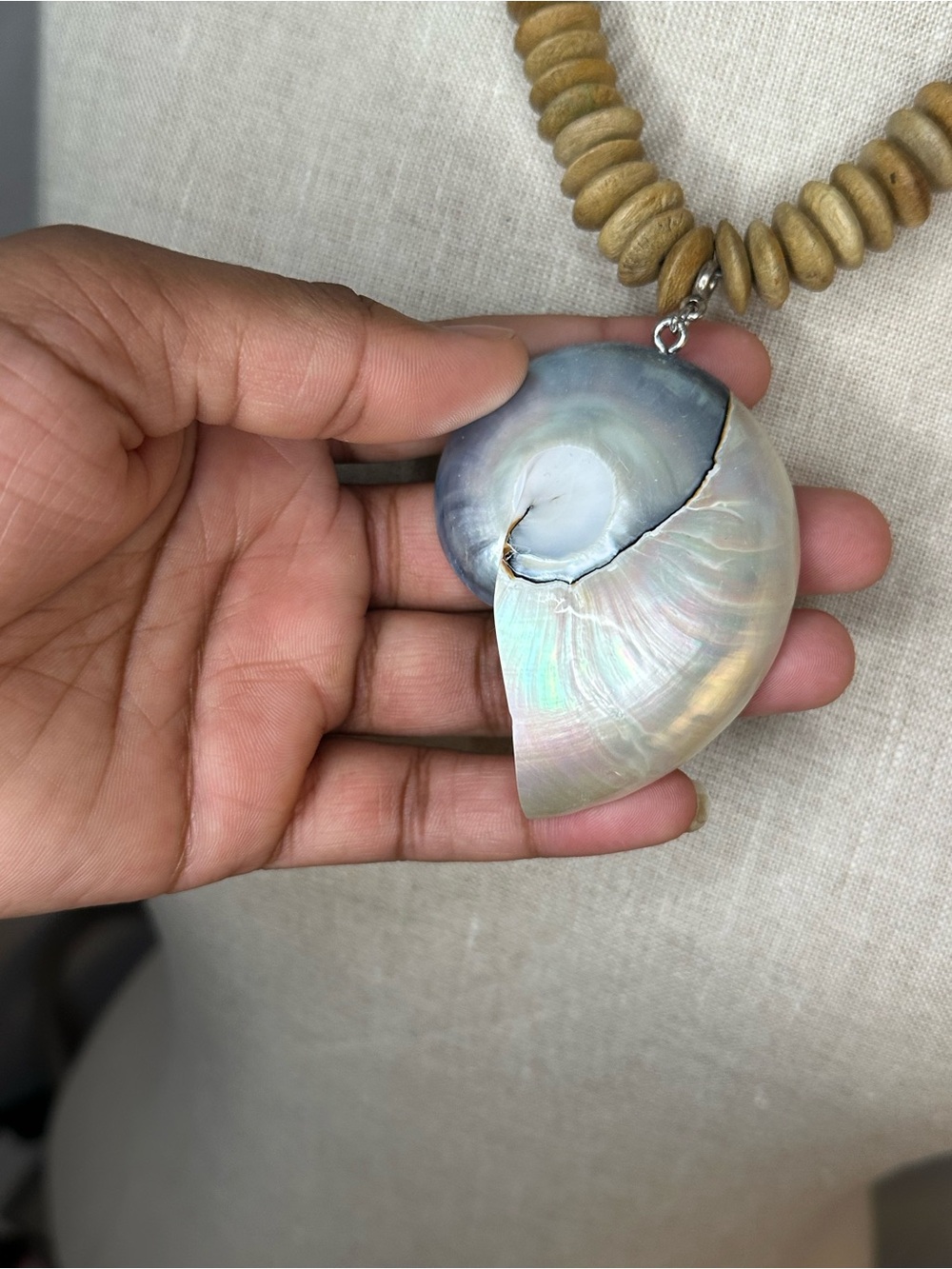 Iridescent Shell Pendant Necklace with Tan Bead Strand - Picture 2 of 7